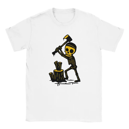 Valkoinen lyhythihainen crewneck T-paita Skeleton Chopping Wood -designilla