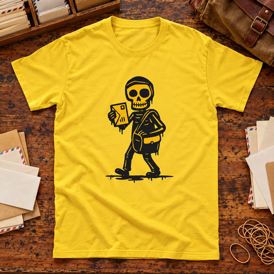 Themed flat-lay photograph of Posteljooni - T-paita with accessories related to its printed design.