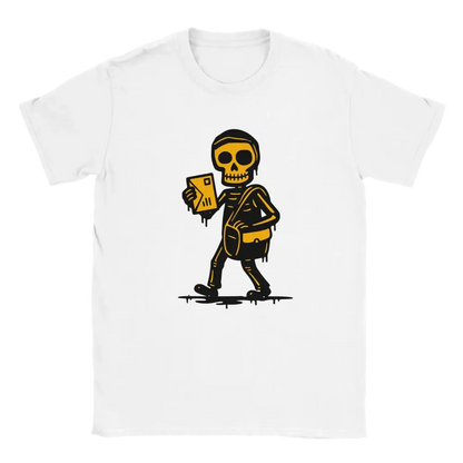 Valkoinen T-paita Posteljooni Skeleton Postman graphicilla, unisex-malli