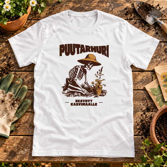 Themed flat-lay photograph of Puutarhuri - T-paita with accessories related to its printed design.