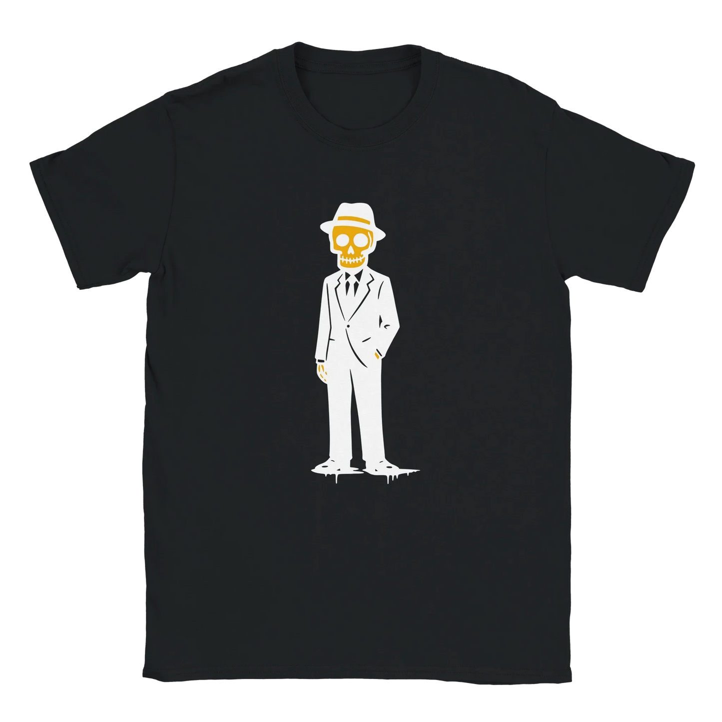 Puvulla T-paita musta t-paita karikatyyriliskosta valkoisessa puvussa ja fedora-hatissa