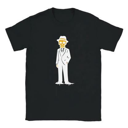 Puvulla T-paita musta t-paita karikatyyriliskosta valkoisessa puvussa ja fedora-hatissa