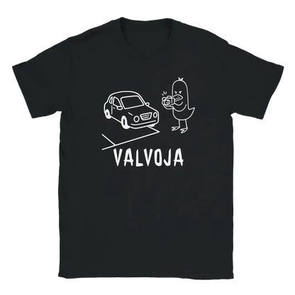 Black T-shirt featuring a duck photographing a parked car beside the Finnish word VALVOJA.