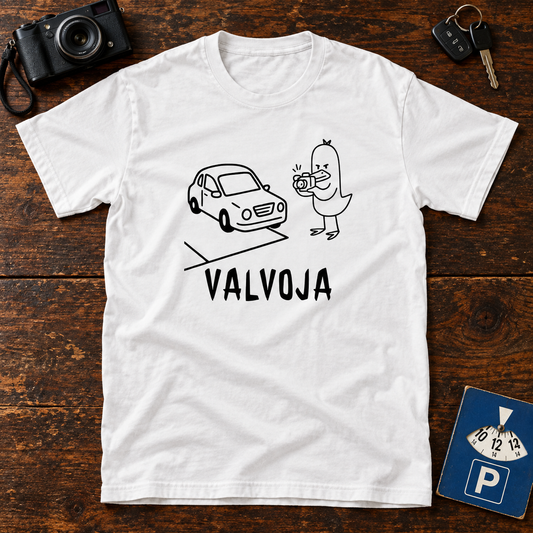 Themed flat-lay photograph of Pysäköinninvalvoja Ankka - T-paita with accessories related to its printed design.
