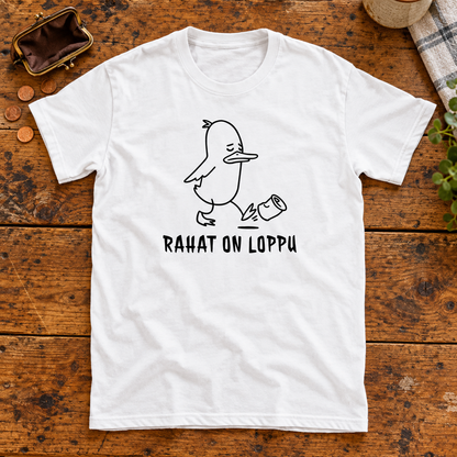Themed flat-lay photograph of Rahat On Loppu - T-paita with accessories related to its printed design.