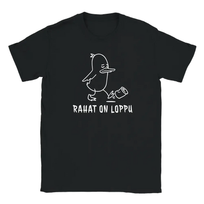 Black T-shirt featuring a duck looking at a purse on the ground beside the Finnish words RAHAT ON LOPPU.