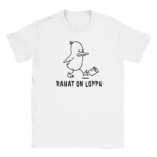 Valkoinen short-sleeve T-paita Rahat On Loppu mustalla ankkalasku piirtokuvalla