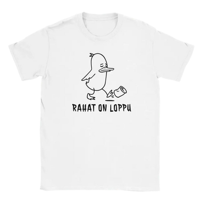 White T-shirt featuring a duck looking at a purse on the ground beside the Finnish words RAHAT ON LOPPU.
