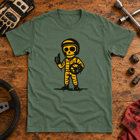 Themed flat-lay photograph of Rallikuski - T-paita with accessories related to its printed design.
