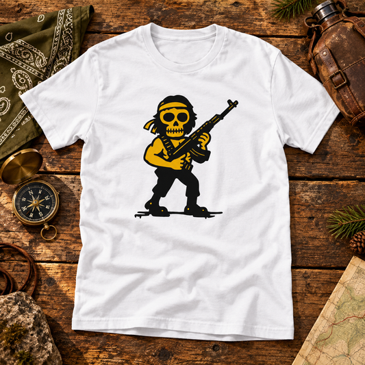 Themed flat-lay photograph of Rambo - T-paita with accessories related to its printed design.