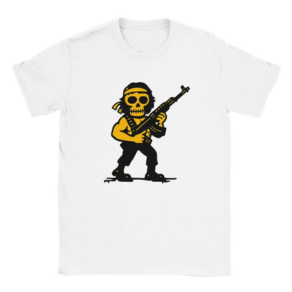 Valkoinen lyhythihainen T-paita Rambo - T-paita, jossa keltainen ja musta luuranko-tyyppi ja kivääri