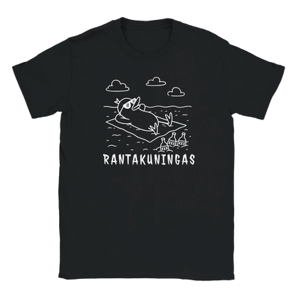 Musta T-paita valkoinen lintukuvio ja RANTAKUNINGAS teksti frontissa