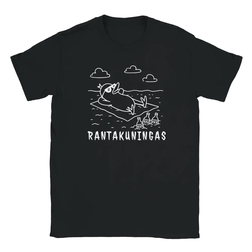 Musta T-paita valkoinen lintukuvio ja RANTAKUNINGAS teksti frontissa