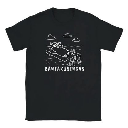 Musta T-paita valkoinen lintukuvio ja RANTAKUNINGAS teksti frontissa