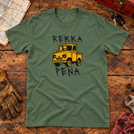 Themed flat-lay photograph of Rekka Pena - T-paita with accessories related to its printed design.