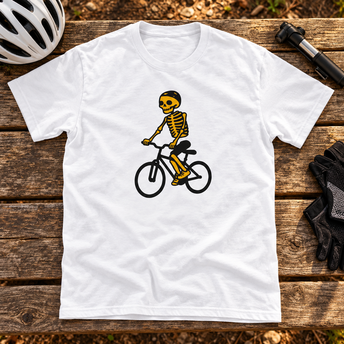 Themed flat-lay photograph of Ride Or Die - T-paita with accessories related to its printed design.