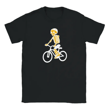 Black T-shirt featuring a helmeted skeleton riding a bicycle.