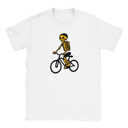 White T-shirt featuring a helmeted skeleton riding a bicycle.