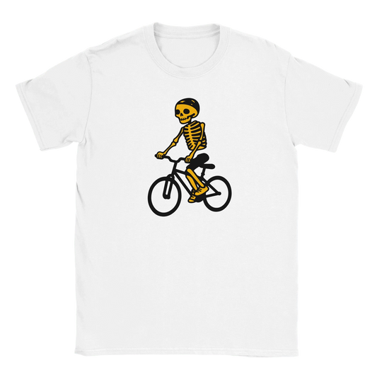 Valkoinen T-paita Skeleton-ratsastajalla ja pyörällä designilla Ride Or Die