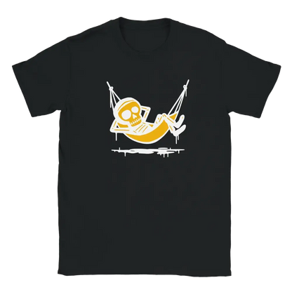 Musta crew neck T-paita Riippumattoilija - Skeleton relaxing in yellow hammock design