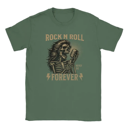 T-paita, jonka printissä pitkähiuksinen kallo mikrofonin ääressä ja Rock N Roll Forever -teksti.