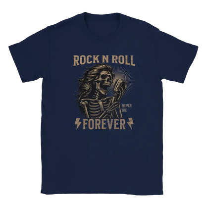 T-paita, jonka printissä pitkähiuksinen kallo mikrofonin ääressä ja Rock N Roll Forever -teksti.