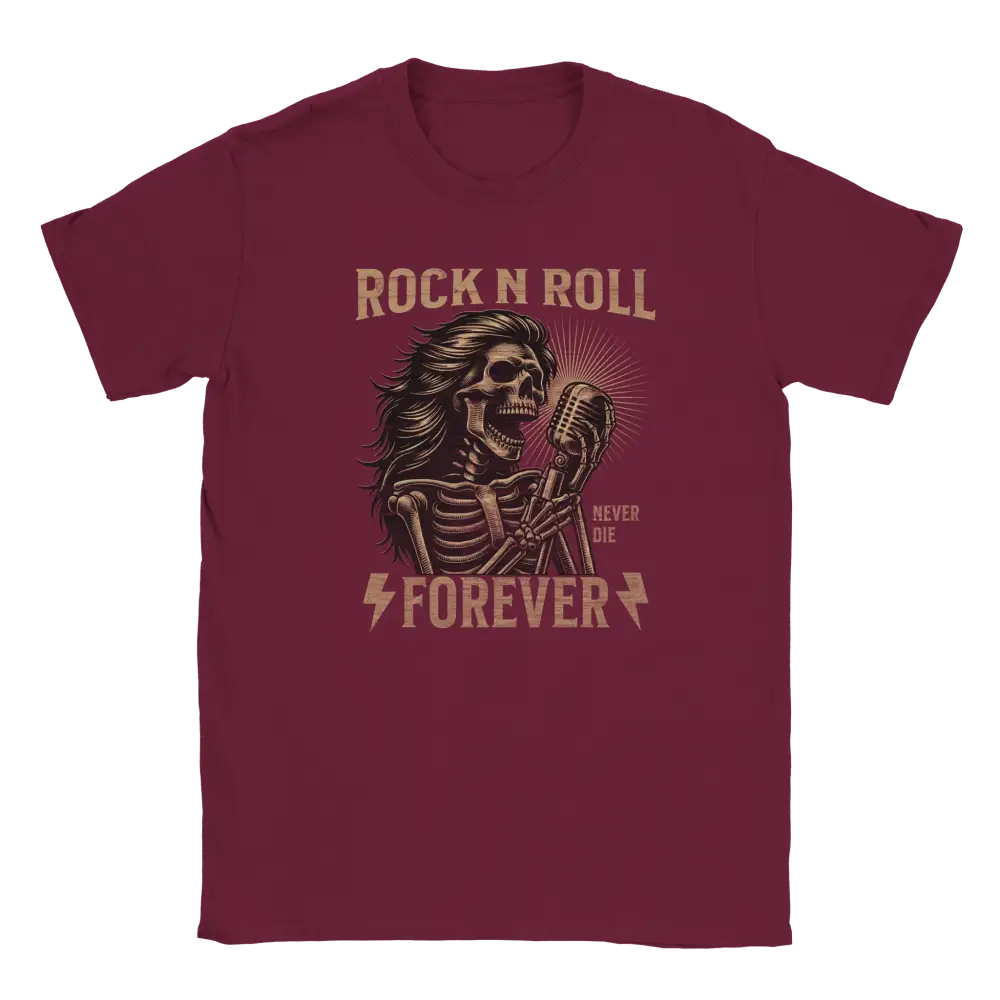 Viininpunainen t-paita, jonka printissä pitkähiuksinen kallo mikrofonin ääressä ja Rock N Roll Forever -teksti.