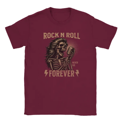 Viininpunainen t-paita, jonka printissä pitkähiuksinen kallo mikrofonin ääressä ja Rock N Roll Forever -teksti.