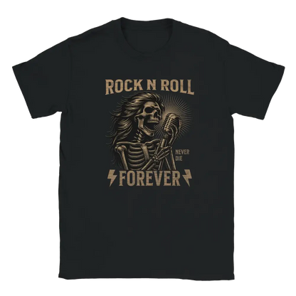 Musta t-paita, jonka printissä pitkähiuksinen kallo mikrofonin ääressä ja Rock N Roll Forever -teksti.