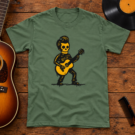 Themed flat-lay photograph of Rockabilly - T-paita with accessories related to its printed design.