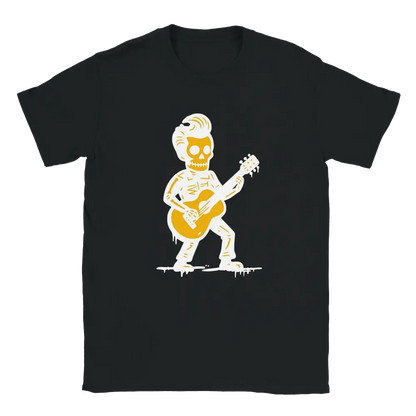 Mustavalkoinen T-paita Skeletonilla ja kitaralla, nimeltä Rockabilly - T-paita