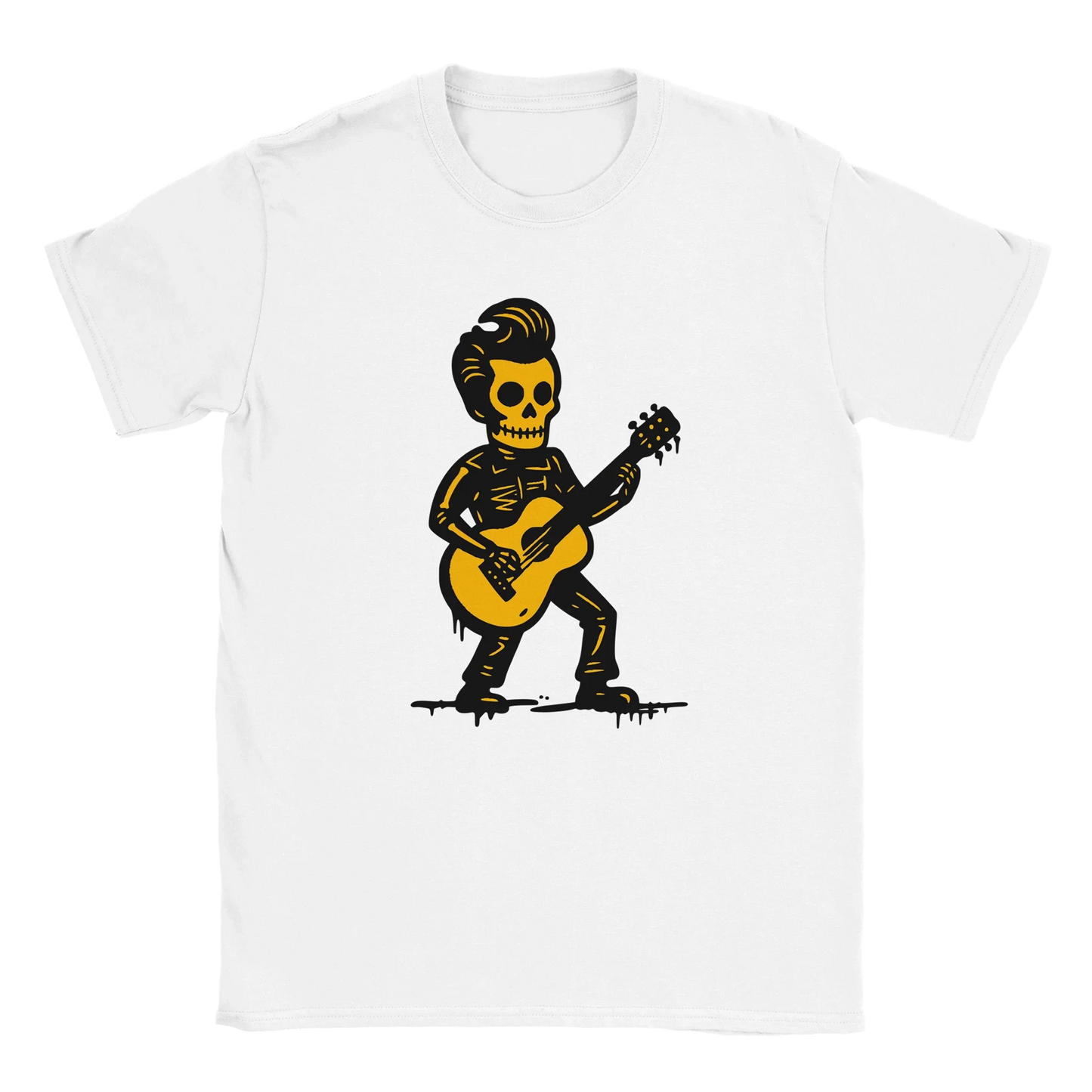 Valkoinen t-paita Skeleton soittaa kitaraa grafiikalla Rockabilly T-paita