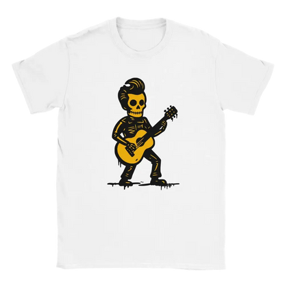 Valkoinen t-paita Skeleton soittaa kitaraa grafiikalla Rockabilly T-paita