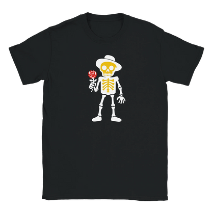 Musta crew-neck T-paita Romantikko, karikatyyri-luurankko hatussa ja punaisessa ruusussa