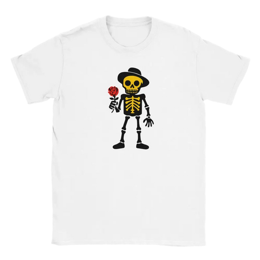 Romantikko T-paita valkoinen t-paita luuranko ja punainen ruusu