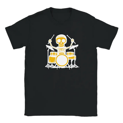 Mustavalkoinen T-paita Rumpali - T-paita, jossa keltainen ja valkoinen luuranko soittaa rumpuja