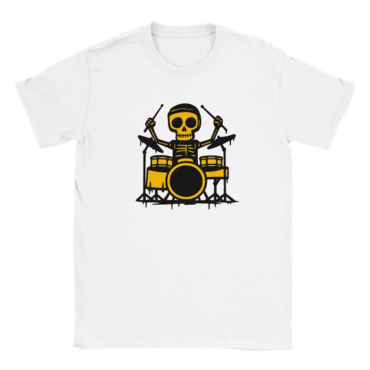 Valkoinen crewneck T-paita Rumpali - T-paita, keltainen luuranko soittaa rumpuja grafiikalla