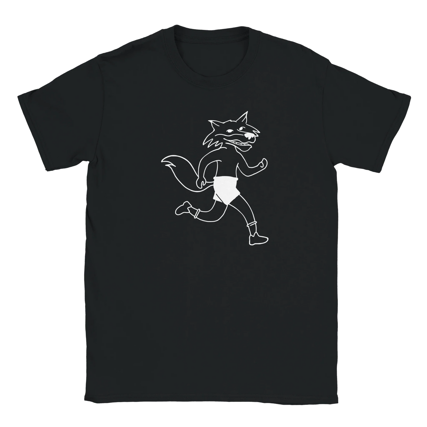 Musta Crew Neck T-paita Run Fox Run - T-paita, valkoinen juokseva susi piirroksena