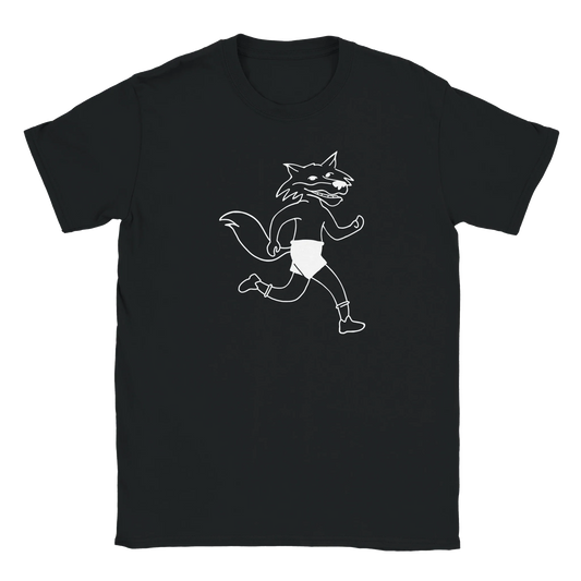 Musta Crew Neck T-paita Run Fox Run - T-paita, valkoinen juokseva susi piirroksena