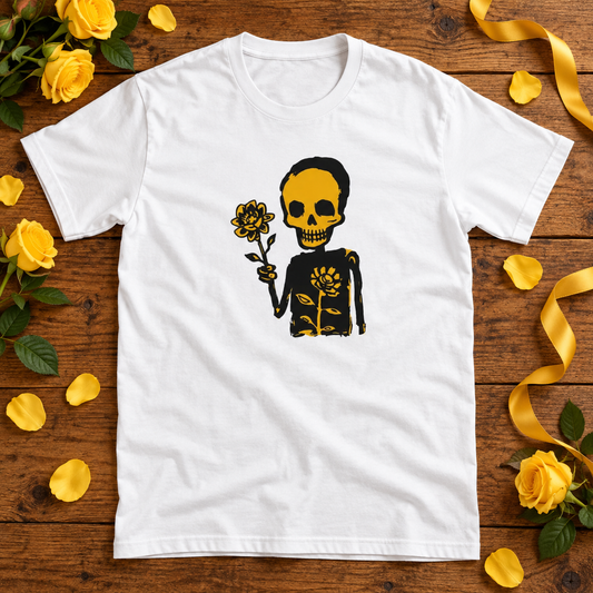 Themed flat-lay photograph of Ruusuja - T-paita with accessories related to its printed design.