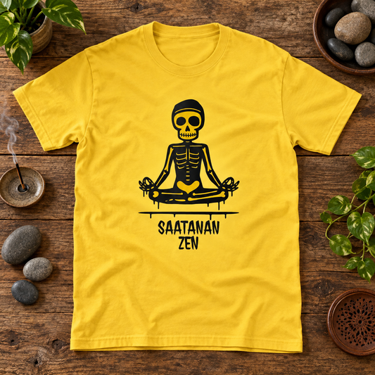 Yellow Saatanan Zen meditation skeleton T-shirt on a wooden table with zen stones, incense and plants.
