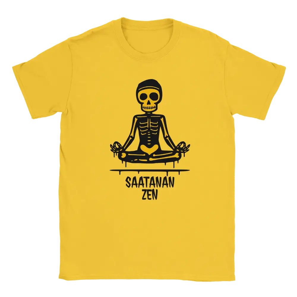 Keltainen t-paita, jonka printissä risti-istunnassa meditoiva luuranko ja Saatanan Zen -teksti.