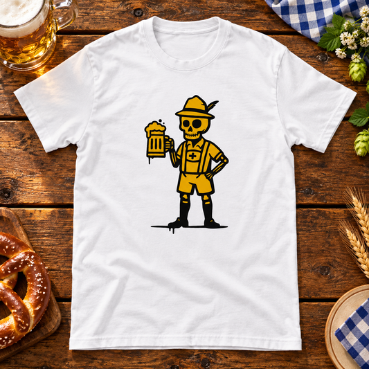 White Saksalainen Bavarian skeleton T-shirt on a beer garden table with a beer stein, pretzel and checked napkin.