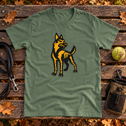 Themed flat-lay photograph of Saksanpaimenkoira - T-paita with accessories related to its printed design.