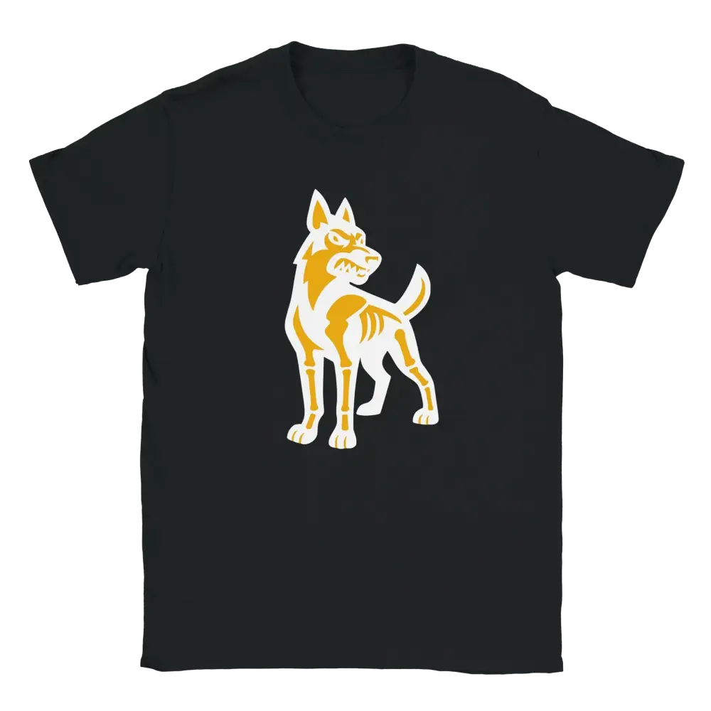 Mustavalkoinen Saksanpaimenkoira T-paita, pelottava luurankohahmo keltaisella ja valkoisella