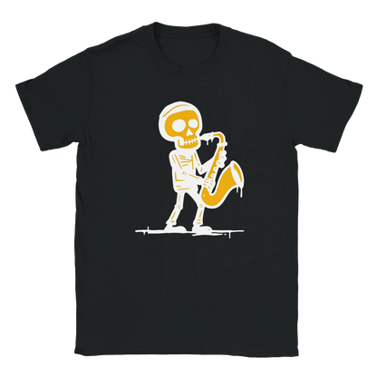 Musta T-paita Skeleton playing Saxophone -designi Saksofonisti - T-paita