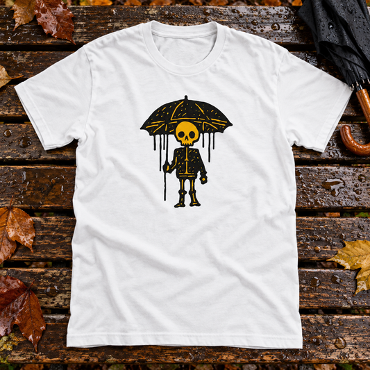 Themed flat-lay photograph of Sateenvarjo Skeleton - T-paita with accessories related to its printed design.