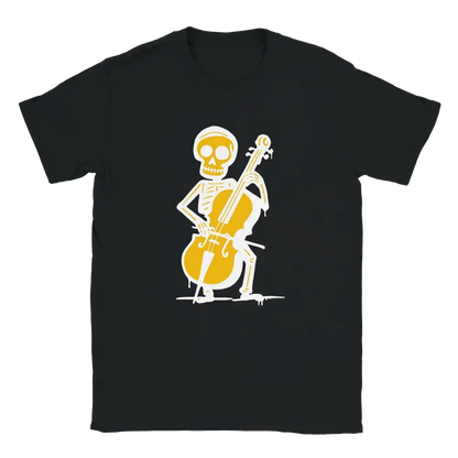 Mustavalkoinen Sellisti T-paita, luuranko soittaa selloa, design