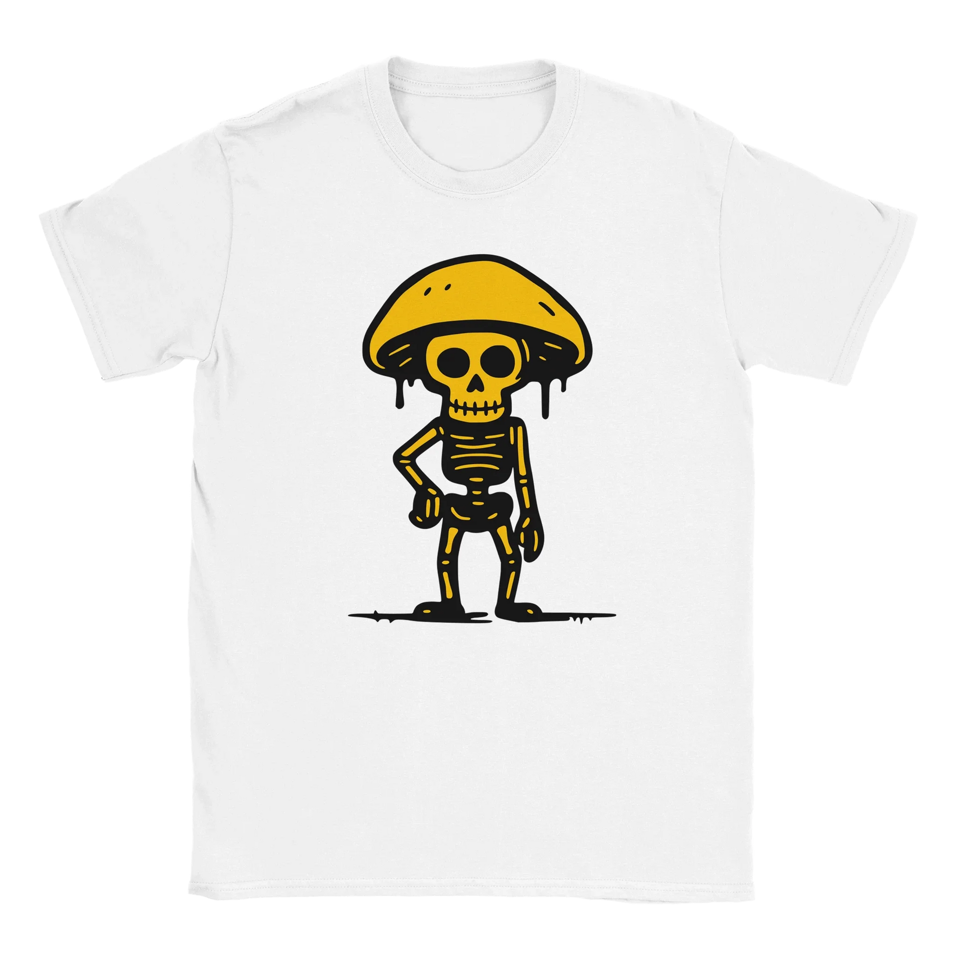 Valkoinen crew-neck T-paita Sienestäjä, cartoon-luolalapsi ja keltainen sienihattu