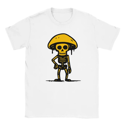 Valkoinen crew-neck T-paita Sienestäjä, cartoon-luolalapsi ja keltainen sienihattu